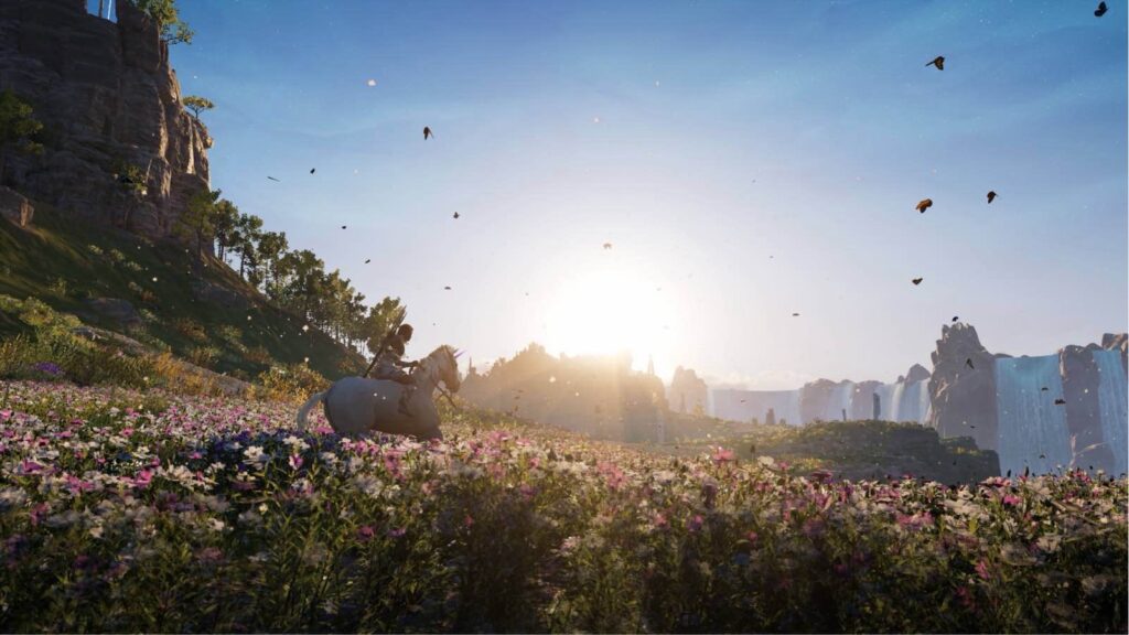 エリュシオンの光と舞い散る花びら