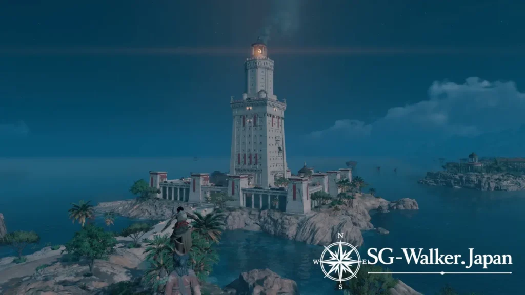 海に囲まれたファロス島と大灯台を遠方から望む『アサシン クリード オリジンズ』の風景