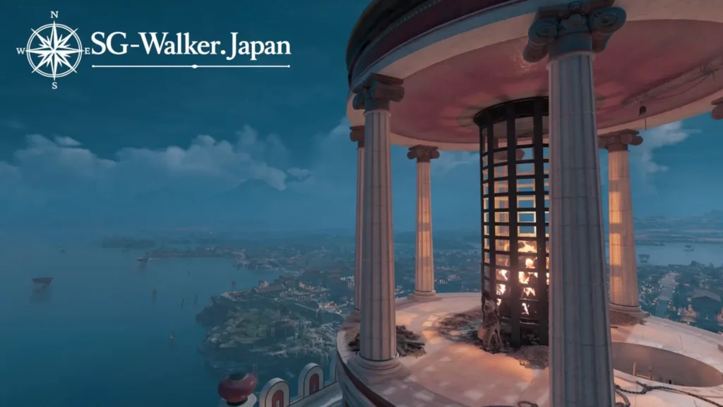ファロスの大灯台の頂上で燃える炎とアレクサンドリアの夜景
