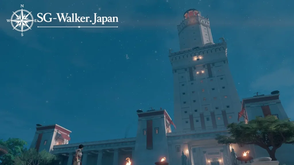 『アサシン クリード オリジンズ』の夜のアレクサンドリアにそびえるファロスの大灯台