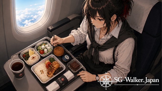 飛行機の機内食を食べるアリア