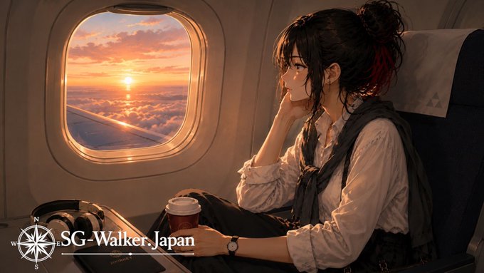 飛行機から夕陽を眺めるアリア