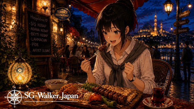 夕食にケバブを食べるアリア