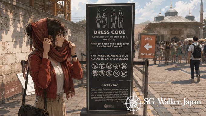 モスク内の注意事項を読むアリア