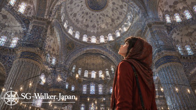 ブルーモスクの天井を見上げるアリア
