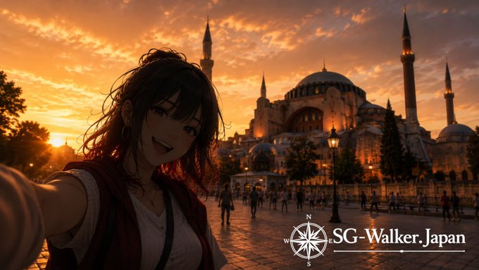 アヤソフィアを背景に自撮りするアリア