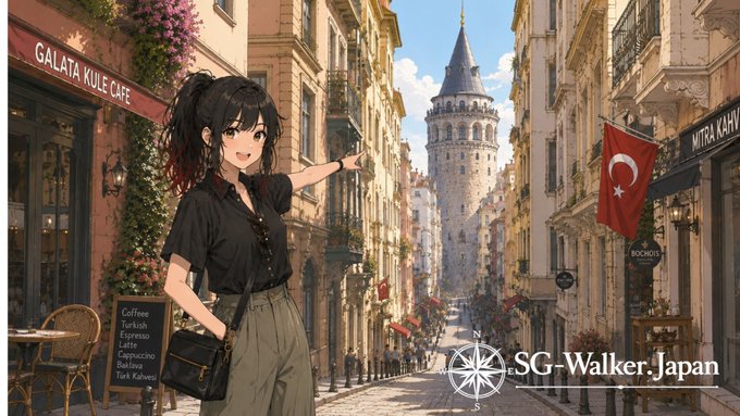 イスタンブールのガラタ塔を指さすアリア