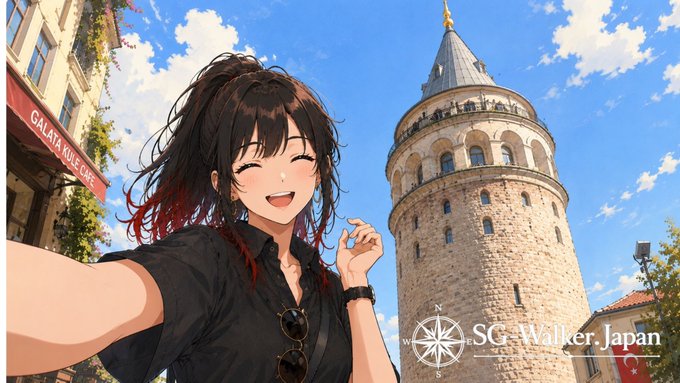 ガラタ塔を背景に自撮りするアリア