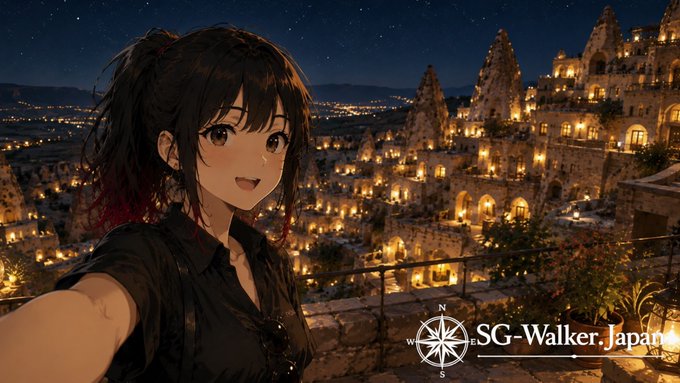 洞窟ホテルのテラスから夜景を背景に自撮りするアリア