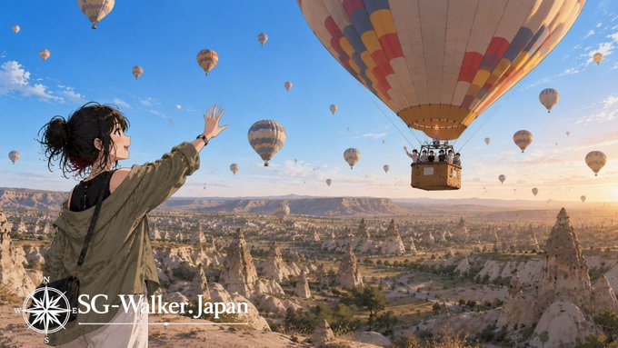 気球に乗っている人へ手を振るアリア