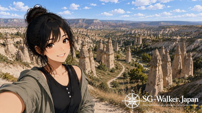 奇岩群を背景に自撮りするアリア