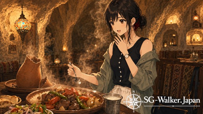 洞窟ホテルでツボ入りのケバブを食べるアリア